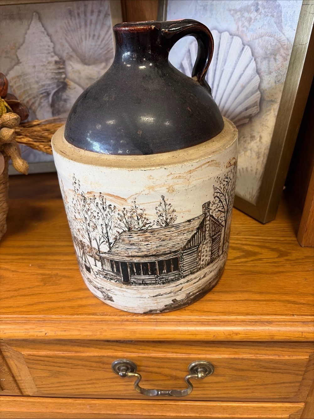 Vintage Stoneware Jug Crock with Cabin Illustration Brown & Cream Handpainted